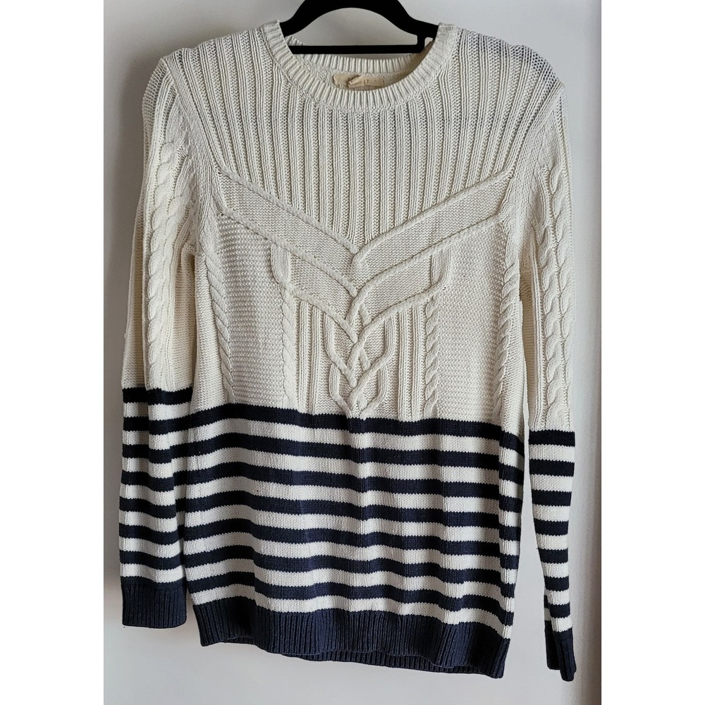 Esprit Womens Striped Pullover Sweater L White Navy Coastal Knit Top Nautical